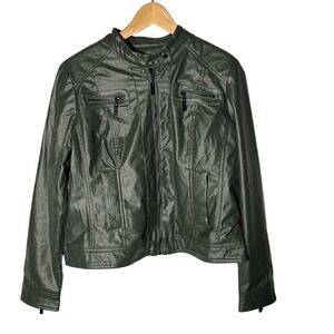 JOUJOU Women's Green Faux Fur‎ Leather Lines Moto Jacket Size XL